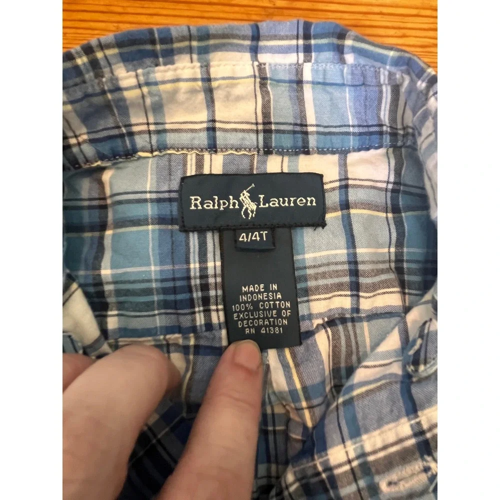 Ralph Lauren Boys Blue White Plaid Short Sleeve Button Down Shirt Size 4T Cotton